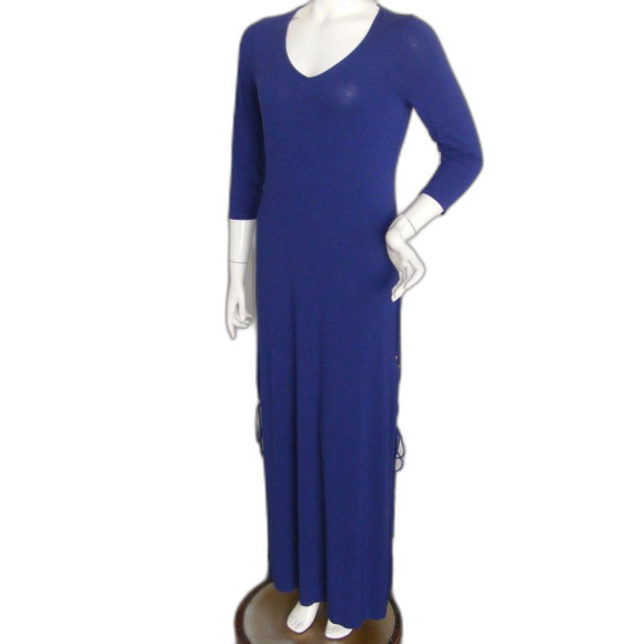 TOMMY BAHAMA Maxi Dress, S, Solid Blue, 3/4 sleeves, Lace-up Vent/Slit, Jersey - Picture 4 of 10